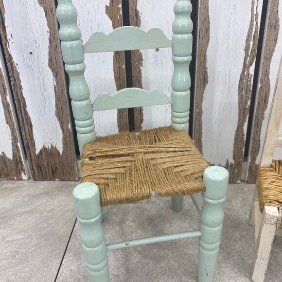 Vintage Little Decorative/ Doll Ladder back Chairs Wicker & Rattan White Green - Picture 2 of 11